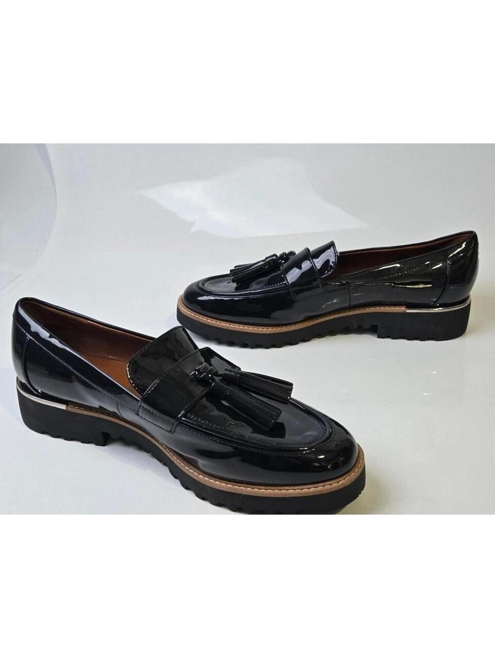 Franco Sarto Patent Tassel Lug Sole Women's Black Slip On Loafers US Size 9W
